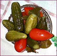 Pickled cucumbers and tomatoes, popular in Russia.